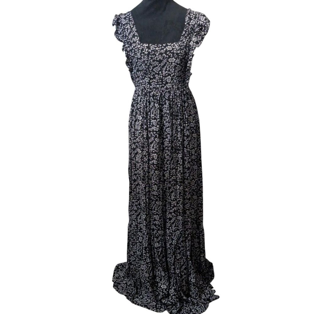 CECE BLACK WHITE FLORAL RUFFLE SLEEVE MAXI DRESS BOHO WHIMSIGOTH WOMENS M